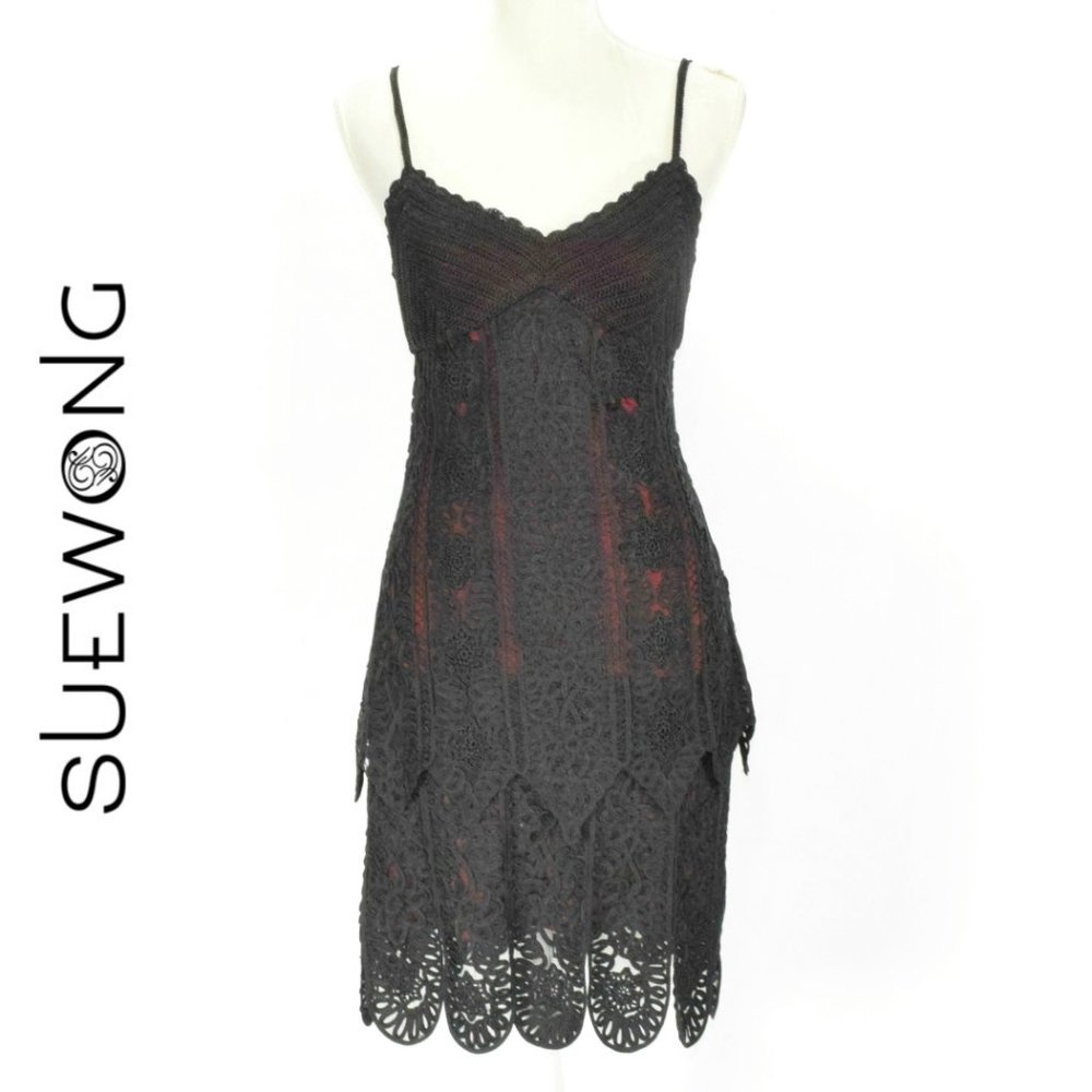 SUE WONG Crochet Embellished Cocktail Dress